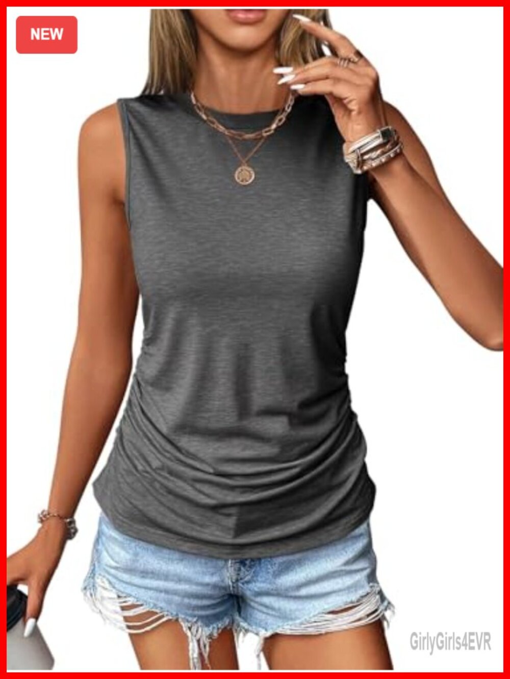Womens Ruched Crewneck Sleeveless Tank Top Fitted Chic Casual Tank